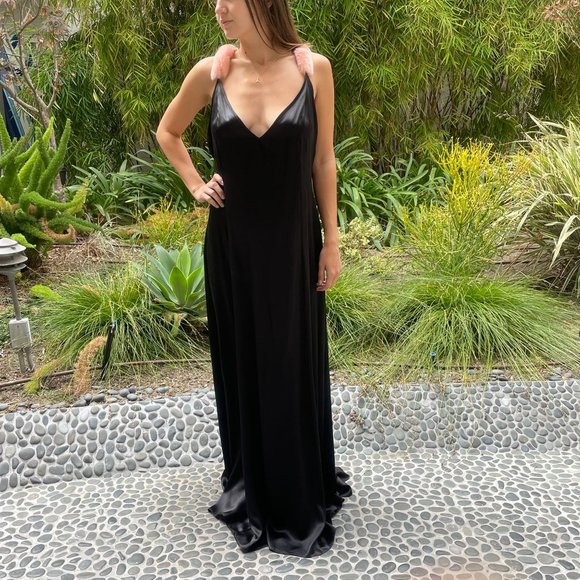 NATASHA ZINKO Black Long Silk Slip Dress Pink Mink Fur Criss Cross Straps - Picture 1 of 12
